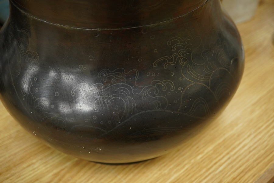 A pair of large 19th century Japanese ‘dragon’ inlaid wire work vases, 40cm high. Condition - fair, minor repairs